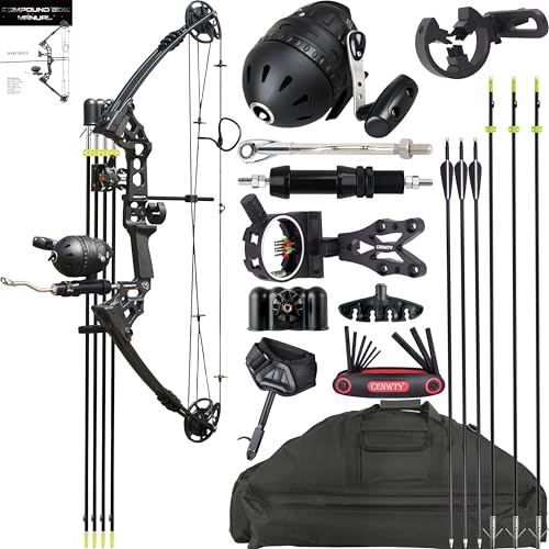 CENWTY Compound Bow Fishing Combo Kit 20-70 LBS Hunting Bow with Bowfishing Arrow and Fishing Reel for Bowfishing Archery Hunting, Complete Compound Bow Fishing Kit (Black Left-Handed)