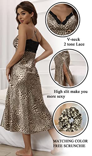 Alcea Rosea Womens Sleepwear Lace Lingerie Chemises V Neck Nightgown Sexy Long Sleep Dress Sleeveless Lace For Women Elegant (Leopard, Xxl) #TOP1