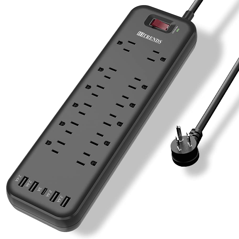 Power Strip Surge Protector with 12 Outlets & 4 USB Ports & 1 USB-C Port (5V/3A), 2360 Joules, Angled Flat Plug, Spaced Outlets & ETL Listed Power Outlet for Home Office - Black