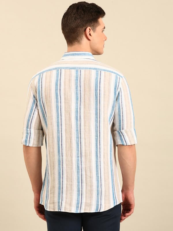 Image of Linen Club Men's Pure Linen Striped Contemporary Fit Full Sleeve Casual Shirt