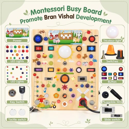 Image of Busy Board with LED Light Switches, Montessori Toys for 1 2 3 Years Old, Toddlers Wooden Toy Sensory Activity Board, Travel Toys for 1+ Year Old Boy & Girl Birthday Gift (Farm 19 Switches)