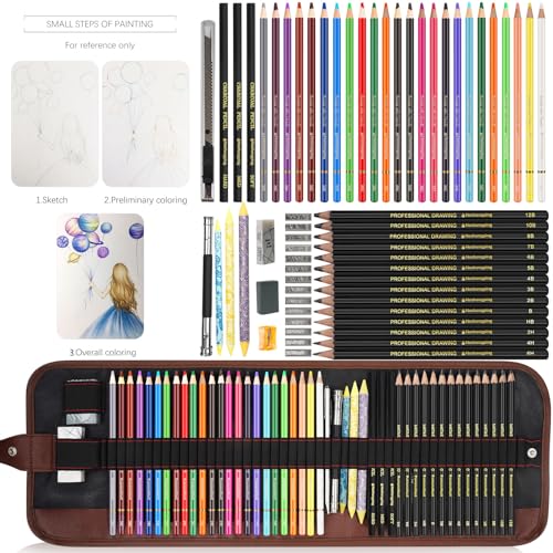 Heshengping Sketch & Drawing Art Pencil Kit-50 Piece Set, Include 24 Color Pencil(For Adult Kid Coloring Books) & Graphite Charcoal-Pencil Etc., Art Supply Ideal for Adult, Kid,Student, Beginner - Image 5