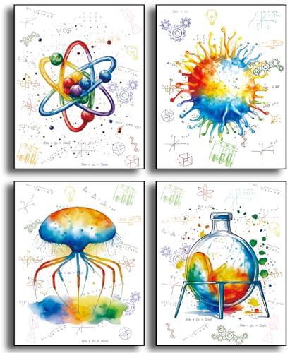 ZRYF Watercolor Chemistry Canvas Wall Art,Funny Scientific Inspiring Quote Artwork Painting,Boho Watercolor Posters for Classroom Middle School Laboratory Library Decor,Set of 4 (8"x10" Unframed)