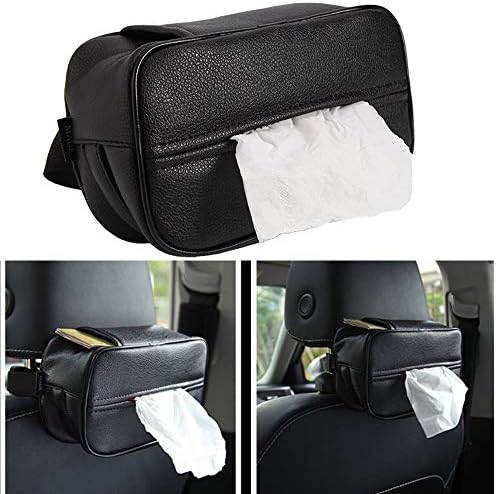 Voroly PU Leather Car Seat Back Tissue Holder Headrest Tissue Box Black Leather Hanging Tissue Holder Case