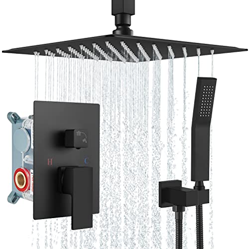 Flash Sale Aolemi Shower System Matte Black 10 Inch Rain Shower Head Ceiling Mount with Handheld Spray Luxury High Pressure Shower Combo Set Rough-in Valve and Shower Trim Included Bathroom