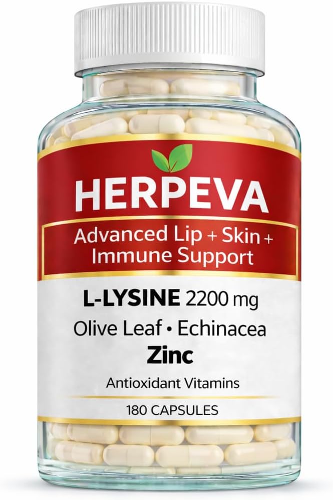 L-Lysine Cold Sore Support Powerful Immune Support – 2200mg Lysine Plus Olive Leaf, Echinacea, Vitamin C, 1500mcg Vitamin b12, Zinc & Herbs – Daily Capsules for Overall Wellness – 180 Count