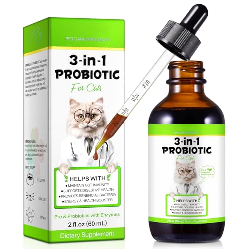 Probiotics for Cats 3-in-1 Cat Probiotics with Prebiotic and Enzymes Cat Diarrhea Treatmen Supplement - Support Gut Health Diarrhea & Constipation Relief for All Breed Size Age Bacon Flavor 60ml