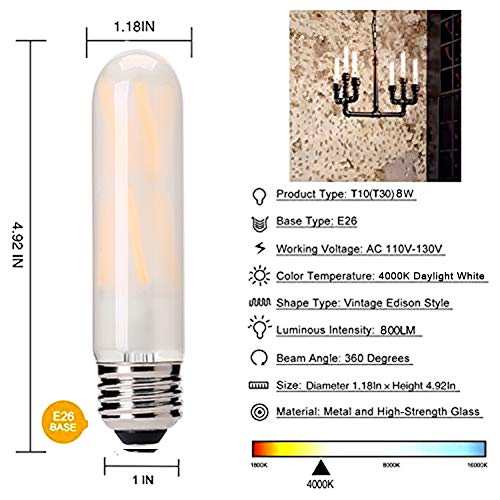 Vctc Lighting Dimmable 8W Frost Tubular Led Bulbs, 4000K Daylight White, Edison Style Filament Light Bulb, T10/T30 Vintage Bulb 80 Watt Equivalent, E26 Base Frosted Glass Cover,800 Lumens,Pack Of 6 #TOP2