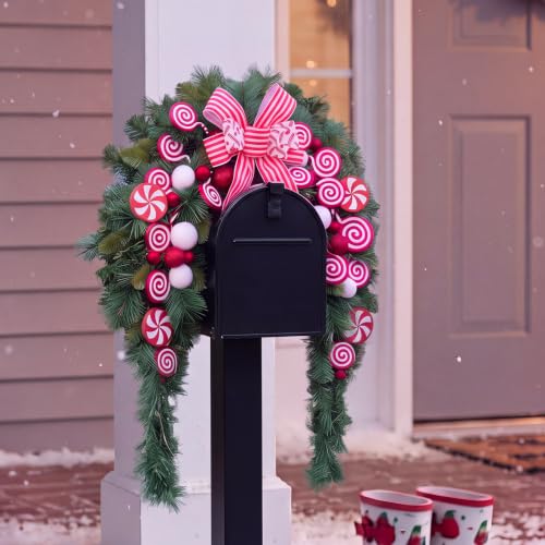Image of Yinder 24 inch W Christmas Mailbox Wreath Swag with Red White Bow, LED Lights