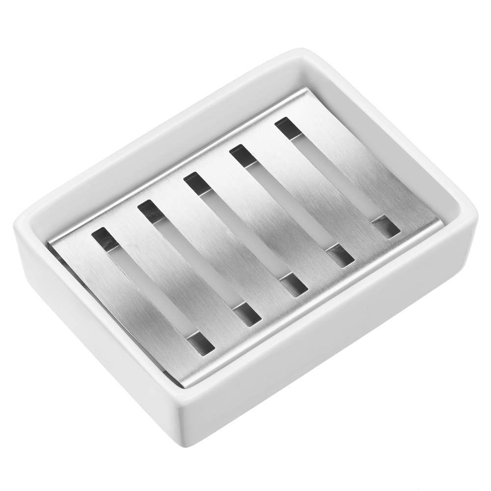 Slideep Ceramic Soap Dish Holder, Stainless Steel Soap Bar for Bathroom and Shower, Double Layer Draining Soap Box