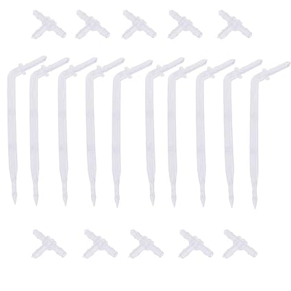 CoscosX 10 Sets White Drip Emitters with 3-Way Connector Curved Arrow Dripper Potted Plants Bend Sprinklers Garden Automatic Irrigation System for 4/7mm Hose Patio Watering Cooling Irrigation Kit