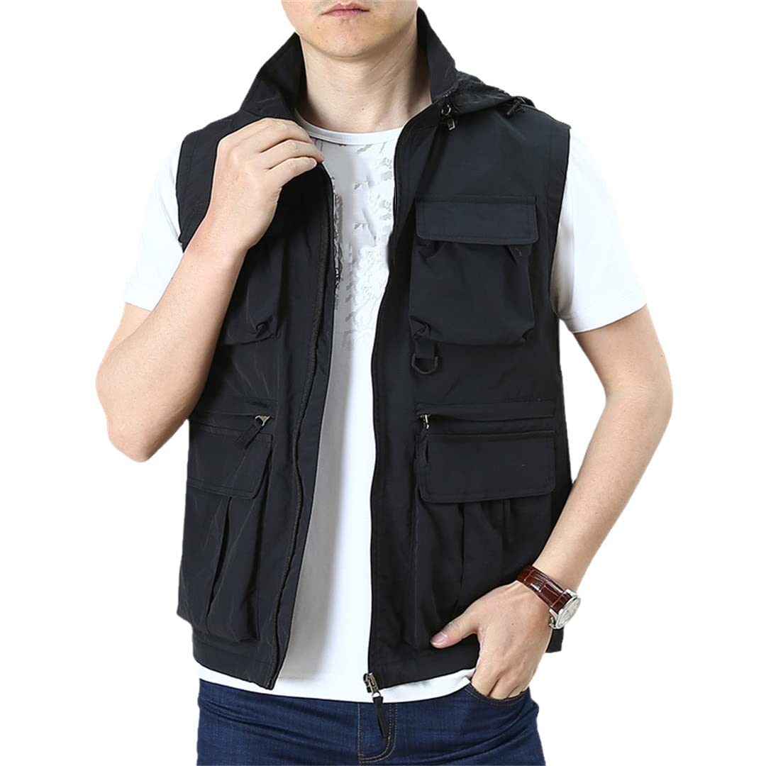Gilet da pesca multitasche da esterno da uomo con cerniera e gilet da pesca traspirante Black Xxl