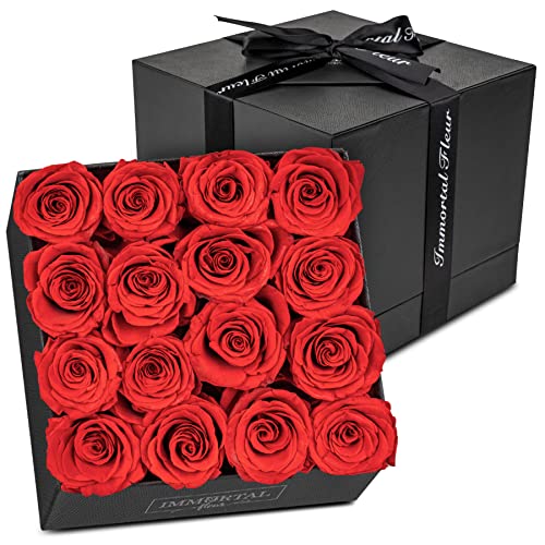 Immortal Fleur 16 Red Preserved Rose Box | Red Roses In A Box, Roses That Last A Year | Eternity Roses, Forever Roses Box | Real Preserved Flowers, Box Of Roses For Delivery | Sympathy Flowers, New Mom Gifts, Mothers Day, Valentines Day, Bridal Gifts