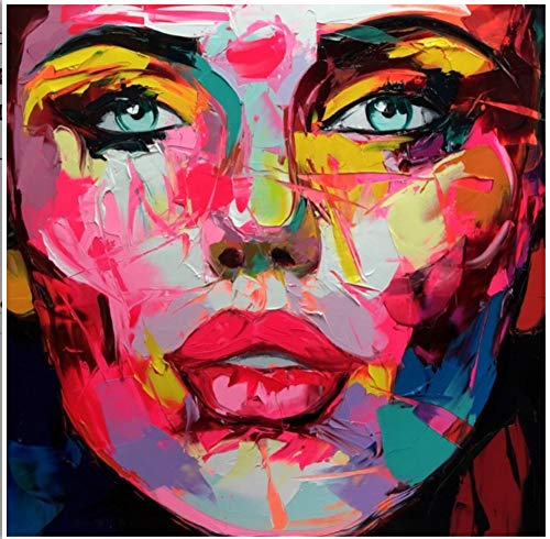 Peinture à l'huile sur toile portrait femme lèvres rouges yeux verts