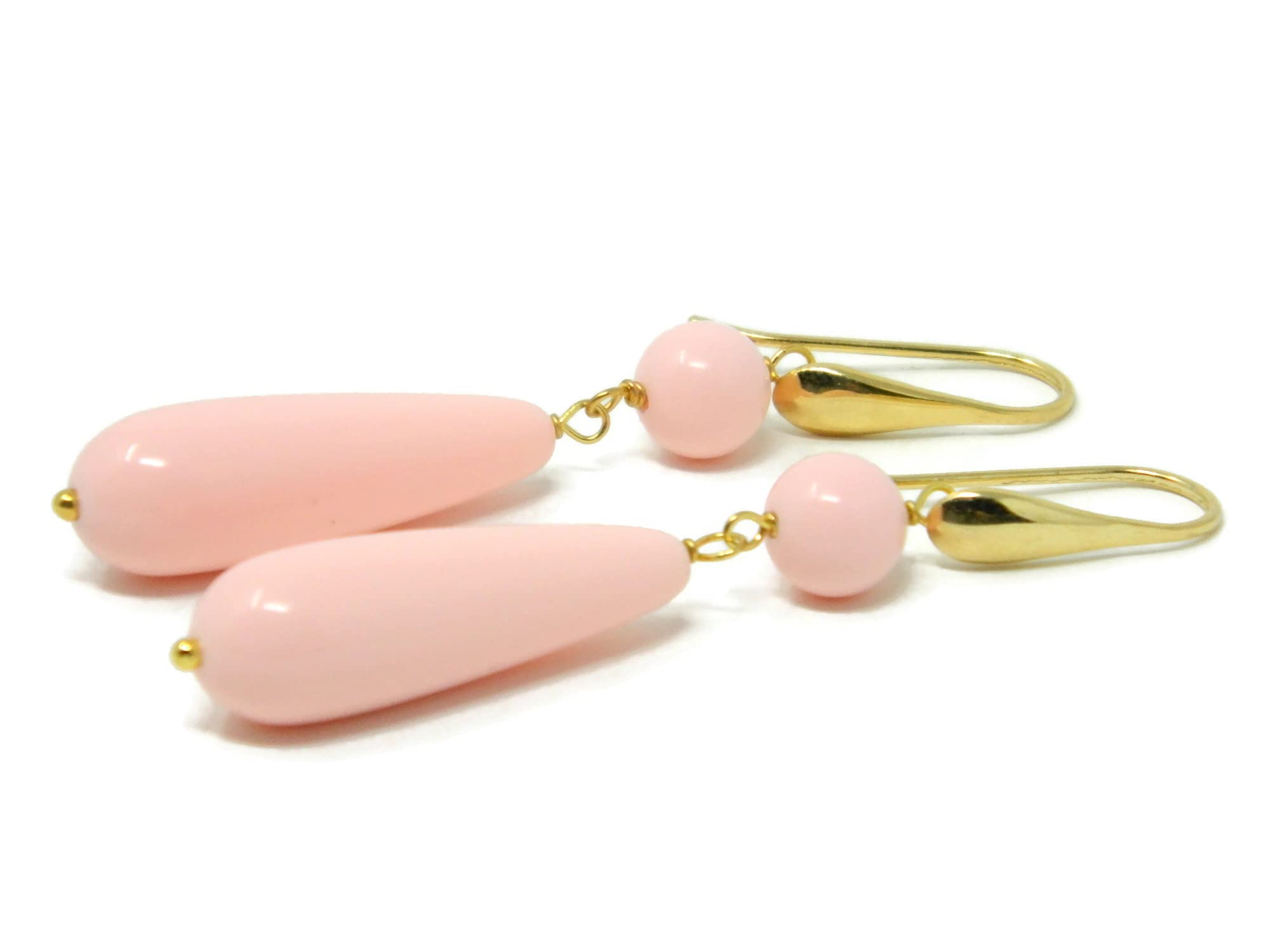 Orecchini Pendenti Donna in Pasta di Corallo Rosa Chiaro – Goccia 10x30 mm e Pallina Liscia – Argento 925 Placcato Oro – Handmade, Nickel-Free, Made in Italy - DodiGioielli
