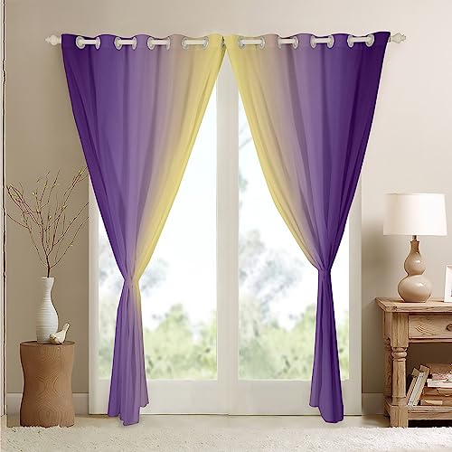 Purple and Yellow Darkening Drapes Gradient Style Curtains for Bedroom Living Room For Kids Women Men Ombre 30%-50% Blackout Curtains Geometric Window Treatments W52*L63 - Image 4