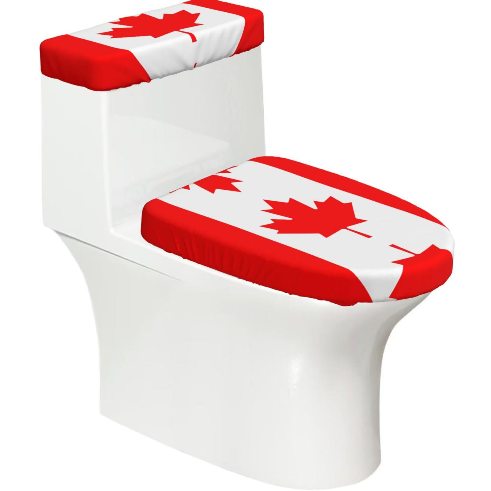 Wzycwb Black Canadian Flag 2-Piece Toilet Seat Cover Set With Tank Lid, Elastic Fit For U-Shape & Elongated Toilets, Bathroom Decor, Housewarming Gift