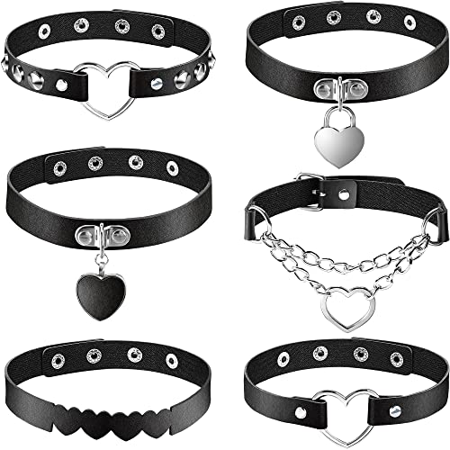 6 Pieces Halloween Heart Shaped Theme Leather Choker Punk Goth Choker Adjustable PU Leather Collar Set(Black)