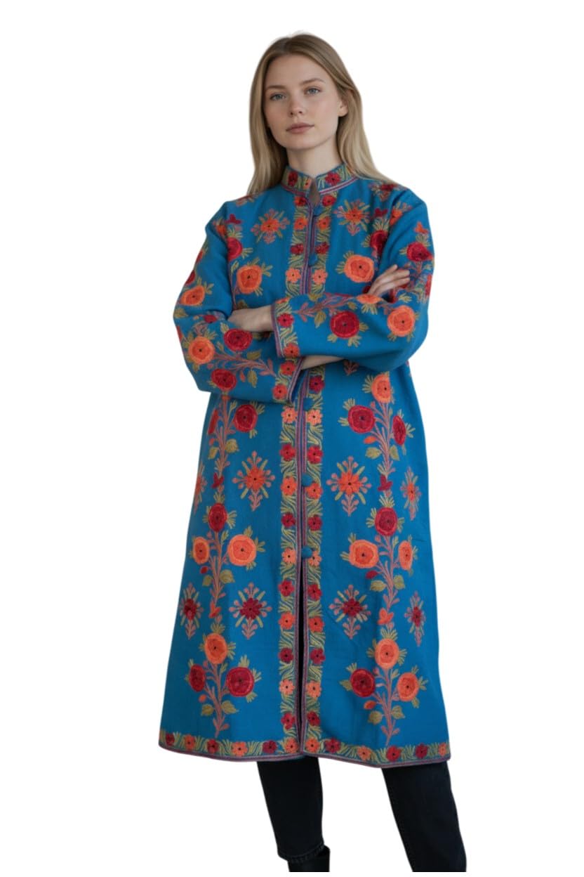 kashmir gallery Women Woolen Winter Coat jacket with Authentic Kashmiri Embroidery | Handcrafted Aari Work | Warm Ethnic Long Coat for Women | Traditional Handmade Outerwear-picture-38