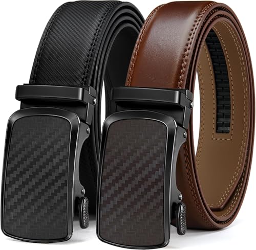 Image of Men's Ratchet Leather Belt Set - 2 Pack Sliding Belt Adjustable For Gift Mens Dress Casual 1 3 /8 inch,Cut for Fit