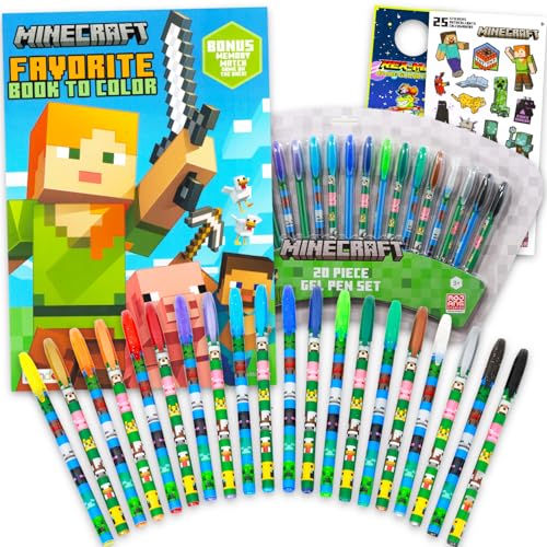 Minecraft Gel Pens Set - Bundle with 20 Colorful Gel Pens Plus Coloring Book Stickers More | Minecraft Activity Set for Kids Ages 4-8