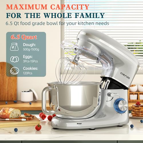 CHeflee Stand Mixer,600W 6+P With 6.5QT Stainless Steel Bowl,Dough Hook, Wire Whip & Beater,for Most Home Cooks,Silver - Image 4