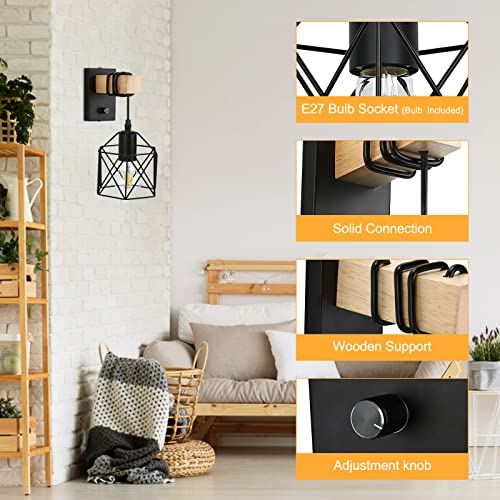 Lightess Vintage wandlamp voor binnen, dimbaar, zwart, industriële retro lamp van metaal en hout, E27 met schakelaar… - Afbeelding 5