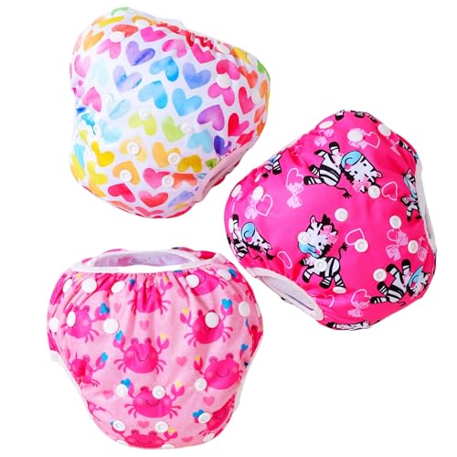 Asenappy Reusable Swim Diapers for Baby, 3-Pack, Pink Hearts and Animal Prints (3-SW-littlehearts)