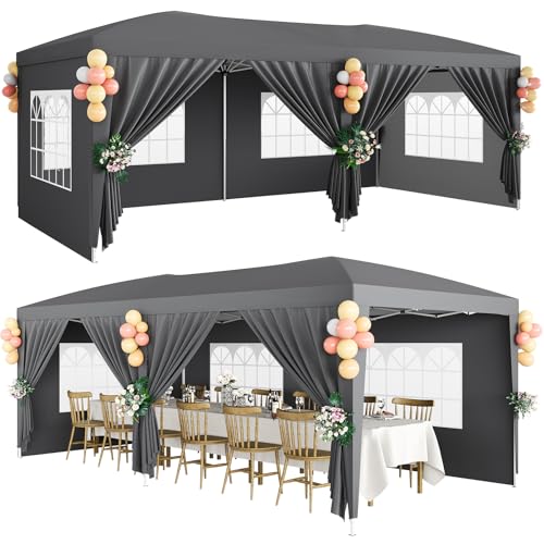 10x20 Heavy Duty Pop Up Canopy Tent with 6 Removable Sidewalls, Easy Up Commercial Canopy Tents for Parties, Large Outdoor Canopies with 3 Adjustable Heights, Stakes X18, Ropes X6, Grey
