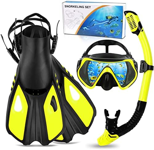 Rtdep Snorkel Set Adults, 3 Piece Diving Set with Flippers, Mask and Snorkel Set for Men and Women, Snorkelling Set with Anti-Fog Diving Mask,Dry Snorkel,Swimming Fins,Diving Equipment