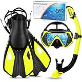 Rtdep Schnorchelset,Schnorchelmaske Erwachsene mit Flossen,Flossen Erwachsene,Antibeschlag Tauchmaske,Trockenschnorchel,Flippers,Schwimmflossen mit kurzen verstellbaren(Schwarz Gelb,S/M)
