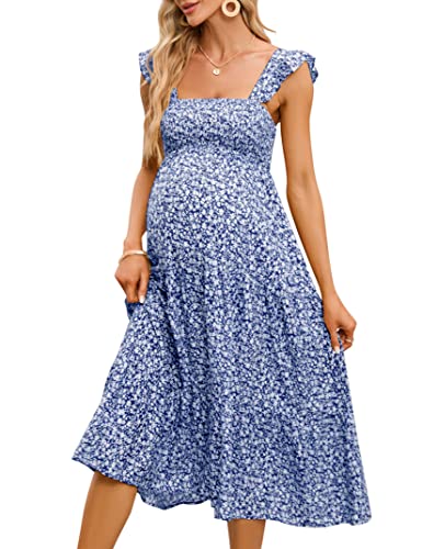 Image of KOJOOIN Womens Maternity Dress Summer Sleeveless Smocked Square Neck Ruffle Casual Boho Midi Dress Baby Shower Photoshoot