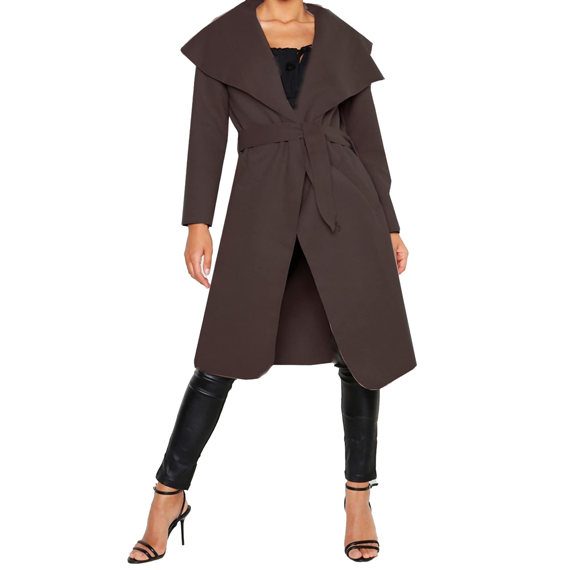 Ware The Next® Womens Italian Long Duster Coat Ladies Long Sleeve French  Belt Open Pocket Coat Ladies Celebrity Waterfall Jacket Cape (Brown)