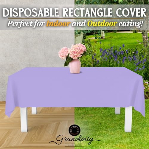 Image of Grandipity Plastic Table Cloth Disposable 12 Pack 54 inch x 108 inch Rectangle | Lavender Plastic table covers, durable disposable tablecloths, fade and tear-resistent table cover for party, event