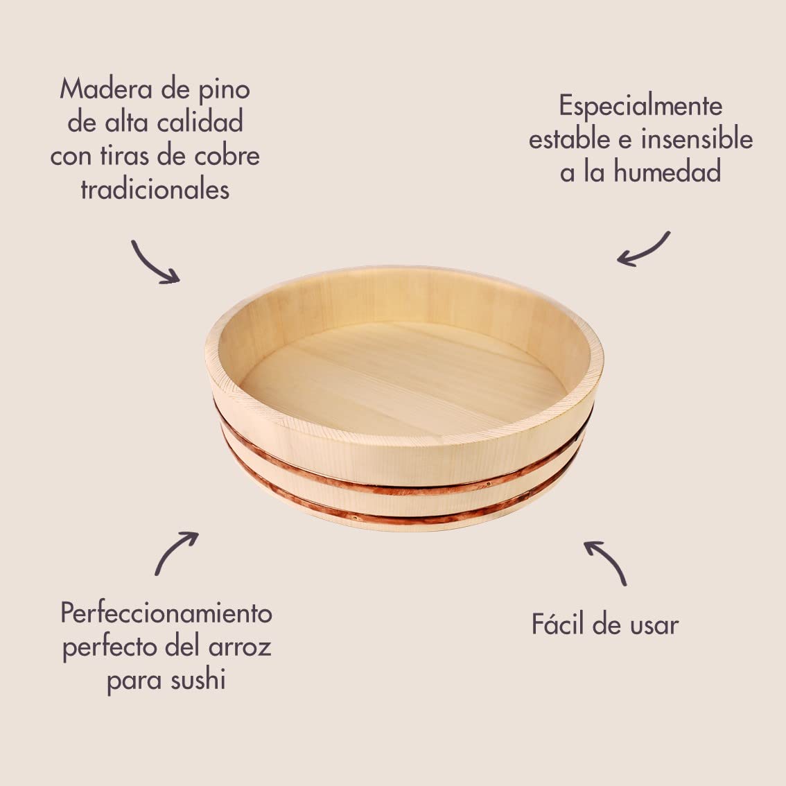 Reishunger Hangiri, Cuenco de Madera para Principiantes (diámetro 30 cm) - Disponible en tamaños de 30 cm a 60 cm, para arroz Sushi