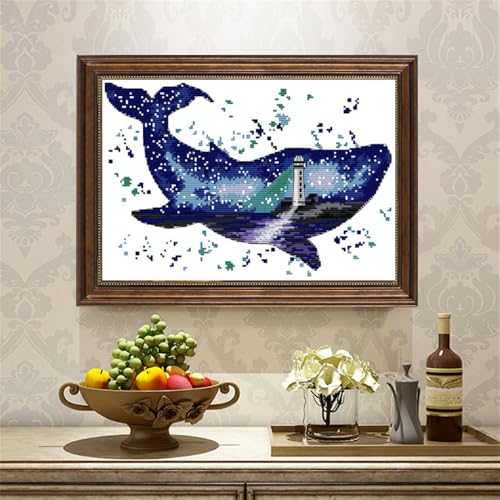 Image of Dolphin Stamped Cross Stitch Kits for Adults, 11CT Pre printed fabric Crossstitching Kits, Embroidery Kits for Beginners, DIY craft kit Home Decor - (The world of whales(11CT)17.72 x12.99 Inches)