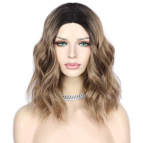 QD-Udreamy Short Natural Water Wave Synthetic None Lace Wigs Dark Roots Ombre Balayage Mix Blonde Brown Hair Glueless Synthetic Wigs for Celebrity Women Daily Makeup