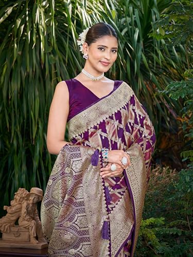 Image of MANOHARI Women's Trendy Banarasi Satin Silk Woven Saree with Heavy Jacquard Work, Elegant Design with Matching Lace Border Unstitched Blouse Piece for Weddings & Festive Occasions