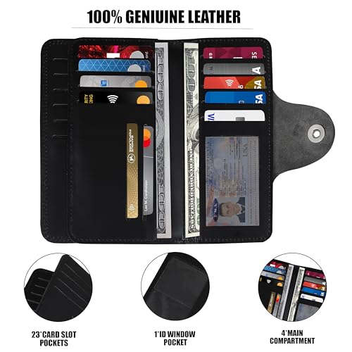 Men's And Woman Genuine Leather Bifold Long Wallet RFID Blocking Security 4 ID Window Checkbook, Credit Holder (Black)3