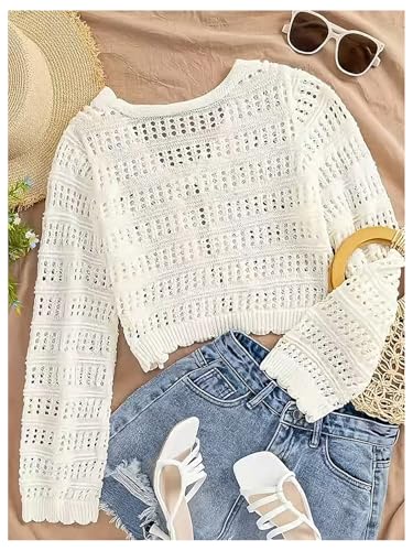SOLY HUX Women's Hollow Out Tie Front Cardigan Crochet Knit Long Sleeve Lightweight Crop Tops2