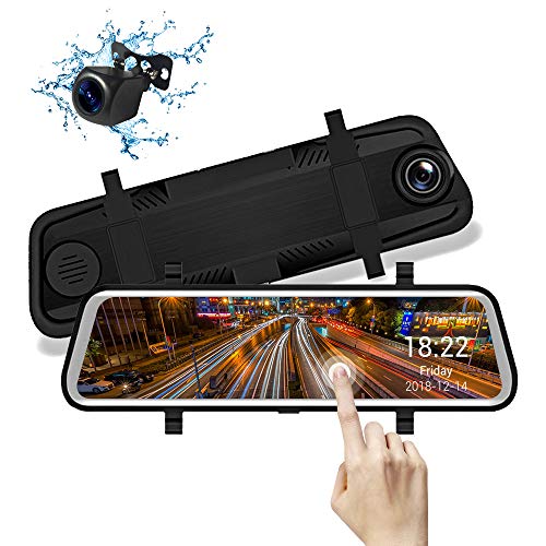 Mirror Dash Cam 1080P Dual Lens 9.66 Inch IPS Touch Screen,170°Wide Angle Front Camera and Waterproof Rear Camera with G-sensor Parking Monitor Motion Detection