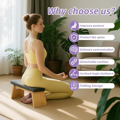 Bamboo Meditation Bench, Folding Meditation Stool with Velvet Cushion & Carry Bag, Seiza Prayer Stool, Kneeling Meditation Bench for Yoga, Mindfulness & Zen Practice - Image 6