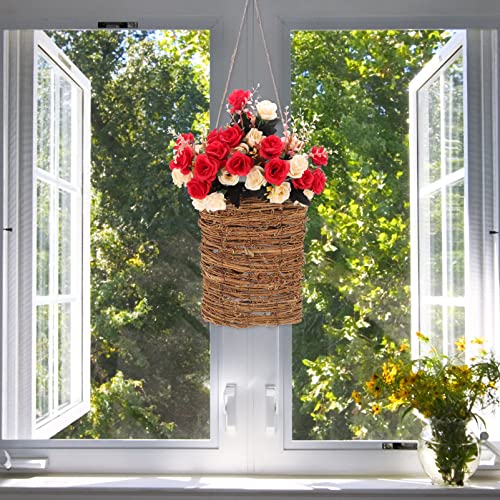 Dechous Rattan Woven Flower Basket Pocket Bag Shape Hanging Planter Wall Mounted Egg Holder Wood Art Farmhouse Vase Flower Arrangement Container Flower Pot Window Boxes Planters #TOP6
