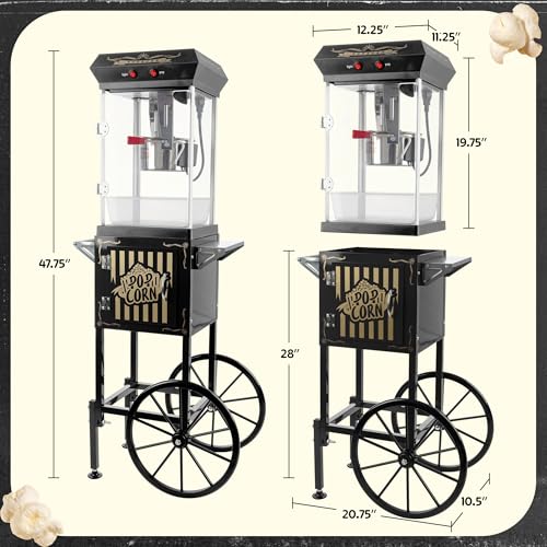Image of Popcorn Machine with Cart and 6 oz Stainless Steel Kettle - Vintage Style Retro Popcorn Maker Machine on Wheels with Cabinet for Home Movie Room, Parties, and Events by Great Northern Popcorn (Black)