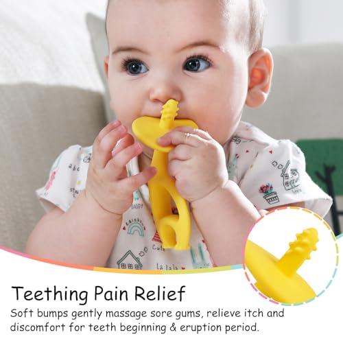 Image of Teething Toys 3 Months+, Mombella Elephant Teethers for Babies with Strap to Clip on, Soft Silicone Teether Toys, 2 in 1 Teether & Pre-Training Toothbrush, 3 Month Old Infant Chew Toys, Yellow
