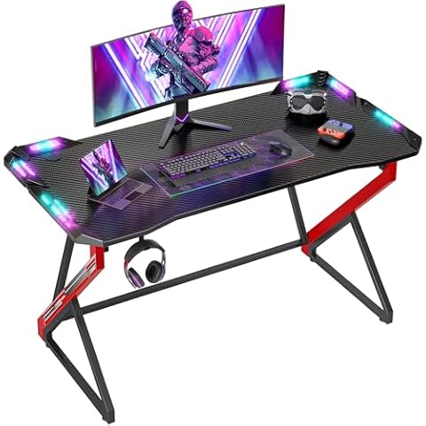 TIQLAB Gaming Desk with LED Lights, 47 Inch Computer Desk for Home Small Space, Gaming Table with Carbon Fiber Surface, PC Gamer Desk for Kids Boys Men, Black Cover