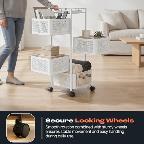 Image of Metal Multi-Purpose Trolley Kitchen Storage Organizer Rack Stand with 360 Wheels | 4 Layer Square Design | Kitchen Accessories Items for Fruit Vegetable Onion Rack for Kitchen (White)