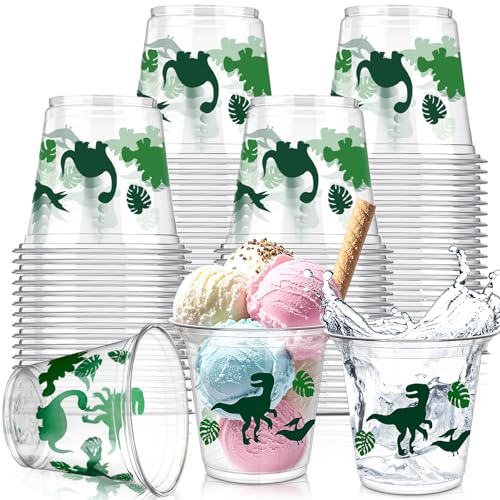 Newtay 50 Pcs 9oz Dinosaur Cup Dinosaur Ice Cream Cups Plastic Disposable Clear Snack Bowls Dessert Bowls for Hot or Cold Soup Sundae Yogurt Supplies(Green)