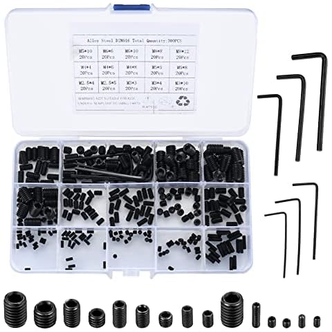 300 Stück Madenschrauben Set, Gewindestifte Inbusschraube Sortiment Kit, M2.5 M3 M4 M5 M6 M8 Sechskantkopf Schrauben mit Inbusschlüsseln für Türgriff, Türklinke, Halterung (Black) Cover