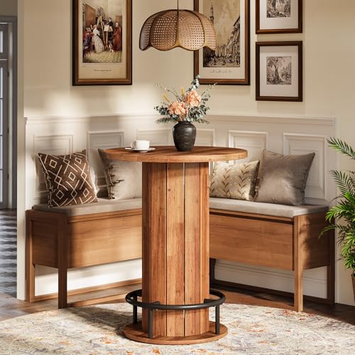 Image of Tribesigns Round Dining Table Set of 4, Bar Height Commercial Kitchen Table with Wood Strip Base and Footrest, for Dining Room, Restaurant, Cafe, Bakery, School, Apartment, Walnut Brown (Only Table)